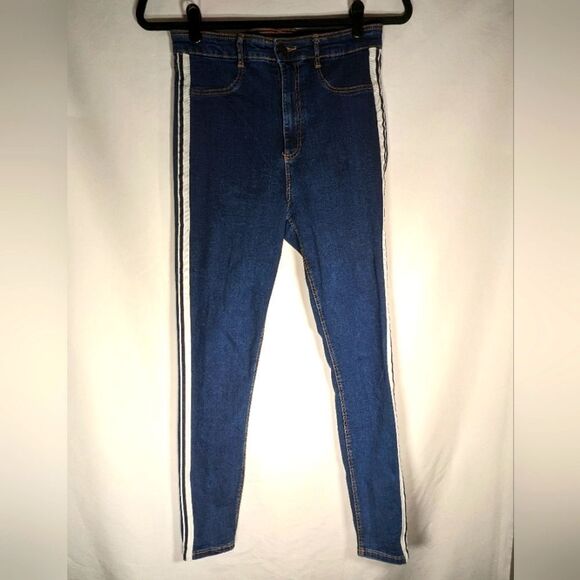 Zara Trafaluc Denim Collection White Stripe Down Legs Skinny High Waisted Size 8 - Picture 1 of 8